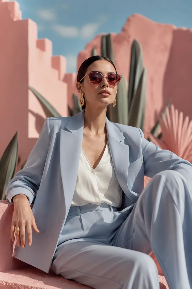Editorial de moda: traje azul pastel frente a arquitectura rosa