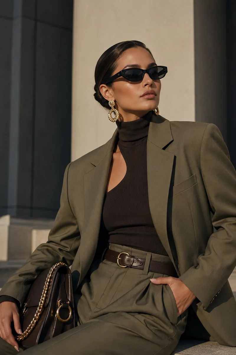 Detalle editorial de campaña: sastrería en tonos oliva y accesorios dorados